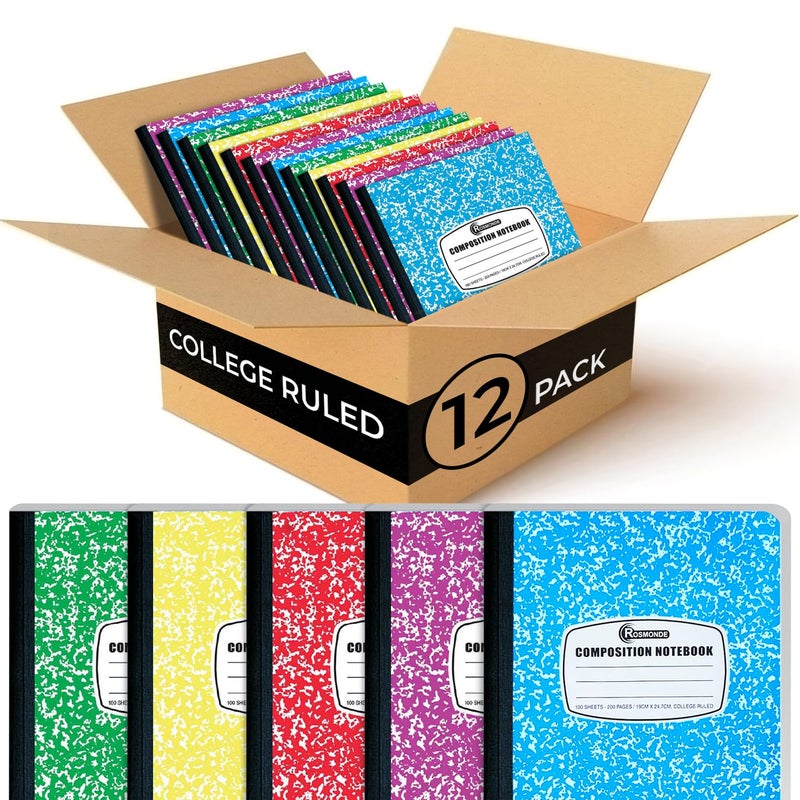 Rosmonde 12 Pack Bulk Composition Notebooks College Ruled  200 Pages (100 Sheets)  9-3/4 x 7-1/2  Hard Cover College Ruled Notebooks  Assorted Colors Composition Notebook For School  Colors May Repeat - Image 1
